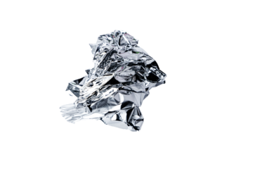 Crumpled silver foil pieces scattered on a transparent background. The metallic texture reflects light, creating a shiny and dynamic effect. Ideal for design, decoration, or creative projects.

