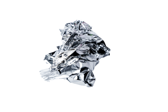 Crumpled silver foil pieces scattered on a transparent background. The metallic texture reflects light, creating a shiny and dynamic effect. Ideal for design, decoration, or creative projects.


