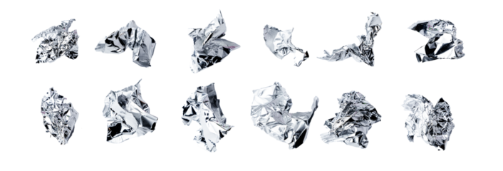 Crumpled silver foil pieces scattered on a transparent background. The metallic texture reflects light, creating a shiny and dynamic effect. Ideal for design, decoration, or creative projects.


