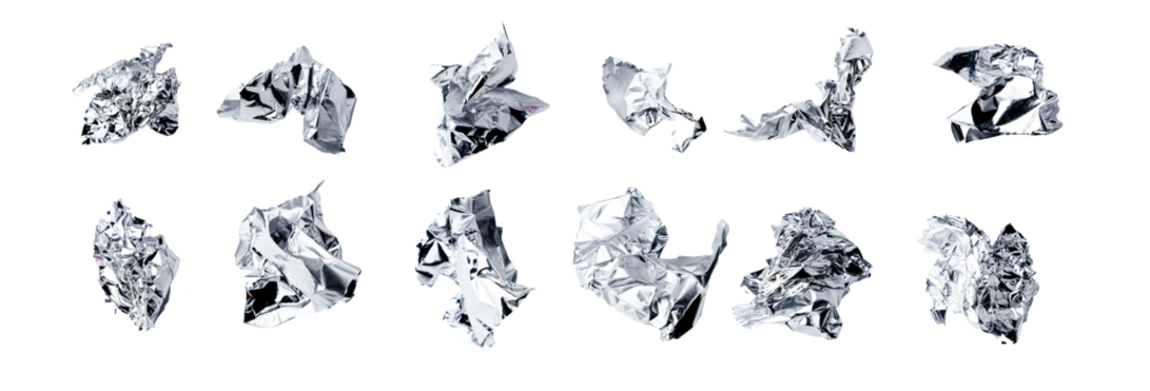 Crumpled silver foil pieces scattered on a transparent background. The metallic texture reflects light, creating a shiny and dynamic effect. Ideal for design, decoration, or creative projects.

