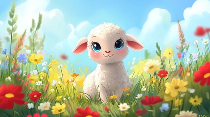 A charming cartoon lamb with big eyes, standing in a meadow surrounded by pastel colors, taking the spotlight in a playful, whimsical background that embodies childlike innocence.