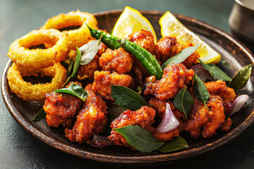 Fototapeta premium Spicy chicken 65 served on a rustic plate with onion rings and fresh garnishes in bright lighting