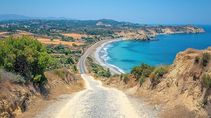 Coastal road curves along blue bay.