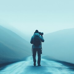 Photographer walks foggy mountain road, camera in hand.