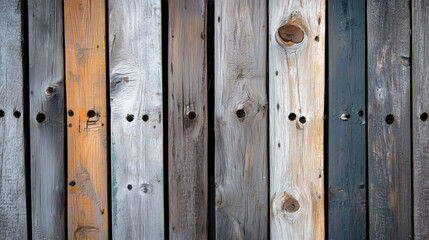 Fototapeta premium Texture of Reclaimed Mixed Wood Planks with a Variety of Tones from Dark Brown to Light Gray, Visible Seams, and a Rustic and Eco-Friendly Character