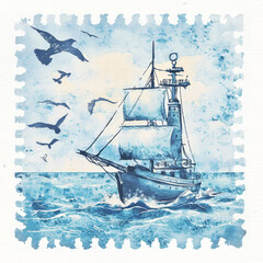 Vintage-inspired nautical stamp design featuring a sailing ship and seagulls in a blue watercolor effect.