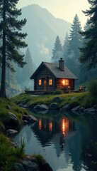 Fototapeta premium Cozy cabin by river, smoke rises from chimney, warm light spills out, peaceful haven, rustic retreat, river