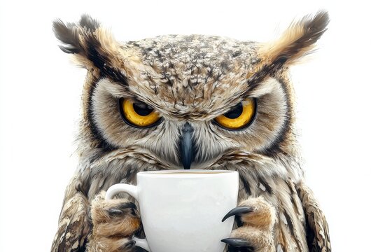 A close-up of a focused owl holding a coffee mug against a white background. This whimsical image symbolizes alertness, caffeine, and morning routines with a humorous twist.