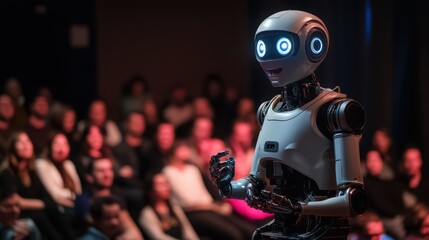Naklejka premium A humanoid robot gives a presentation to a blurred audience, in a dark setting with red light