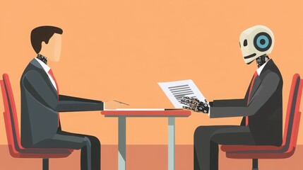 Fototapeta premium A man and a robot having a meeting on a table, sitting on a red chair, light orange background