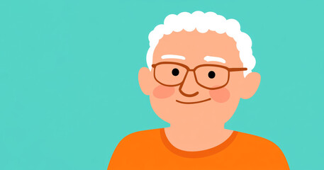 Obraz premium A cartoon-style illustration of an elderly man with glasses and white hair on a teal background. This cheerful and simple design symbolizes wisdom, aging, and positivity in a lighthearted way.