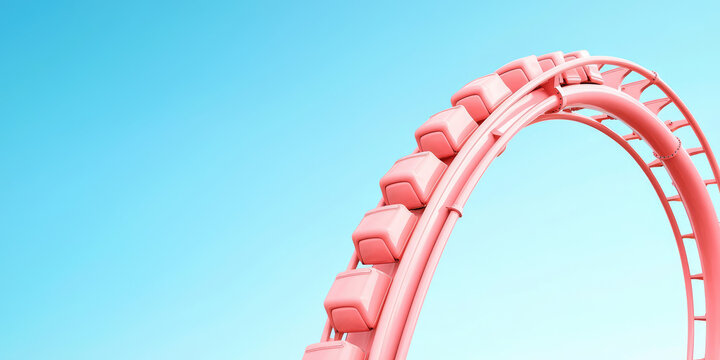 Empty roller coaster attraction against the sky background. Train ride in amusement park, nobody.