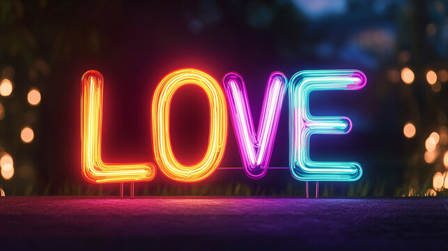 Charming neon 'Love' sign in striking, colorful letters, glowing brightly against a dark backdrop, ideal for adding a playful, modern touch to your romantic event or space. charmin