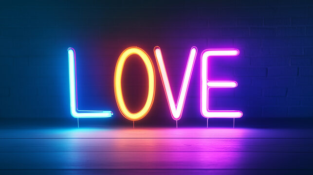 Charming neon 'Love' sign in striking, colorful letters, glowing brightly against a dark backdrop, ideal for adding a playful, modern touch to your romantic event or space. charmin