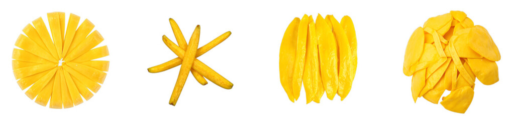 Fototapeta premium Fresh yellow mango peel ribbons elegantly displayed on white backdrop, cut out collection pack