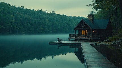Cozy cabin on a misty lake at dawn.