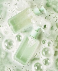 Two green bottles surrounded by soap bubbles create a refreshing and playful vibe for personal care products.
