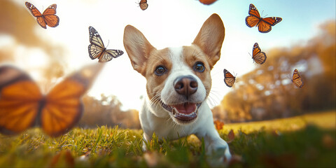 Happy dog running in grass with butterflies flying around