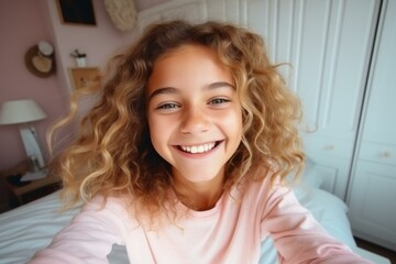 Naklejka premium Happy young girl with beautiful curly hair taking a selfie in her bedroom, expressing joy and confidence