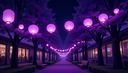 Glowing purple lanterns illuminating festive outdoor night scene, celebration