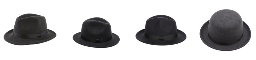 Classic bowler hat in dark charcoal with slim black band on white background, cut out collection pack
