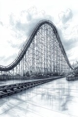 Fototapeta premium Rollercoaster sketch, cloudy sky, tracks, empty.