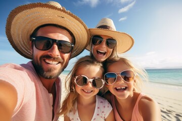 Smiling family wearing sunglasses and straw hats taking selfie on beach