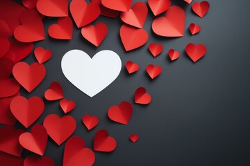 Red paper hearts surrounding single white heart on dark gray background create valentine's day themed image