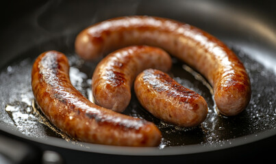 Pan-fried sausages with a golden sear releasing steam in a hot skillet.