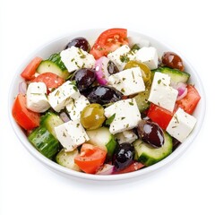 A refreshing Greek salad with feta cheese and olives, isolated white background, minimalistic art style