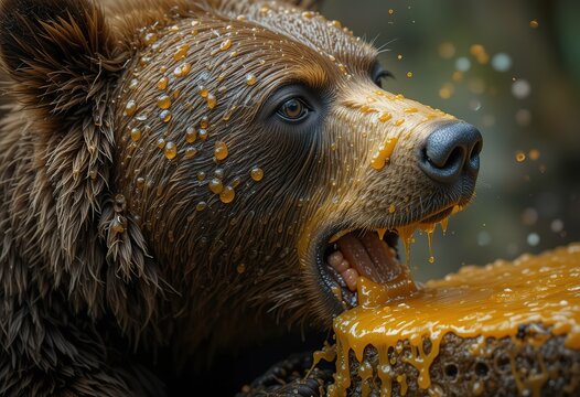 A close-up shows a brown bear's face covered in honey as it eagerly devours a large, honey-soaked treat.