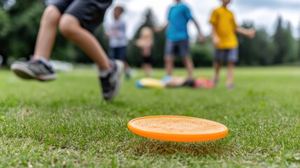 Kids energetically play frisbee on a lush field under cloudy skies, radiating excitement, freedom, and the joy of outdoor play.