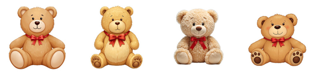 Obraz premium Cute teddy bear with red bow symbolizing comfort and childhood, cut out collection pack