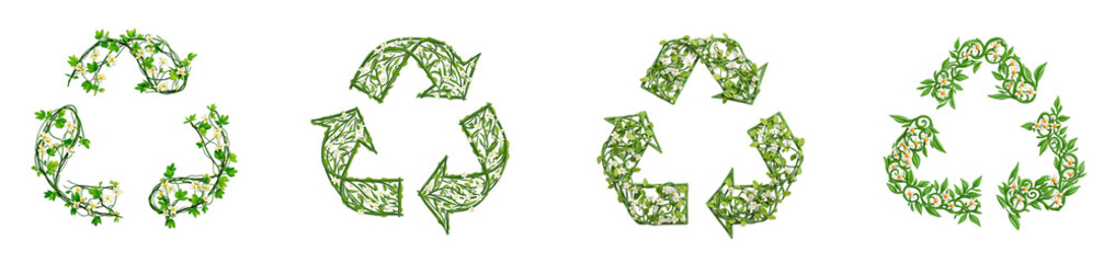 Green vine recycle symbol with flowers on a white background, cut out collection pack