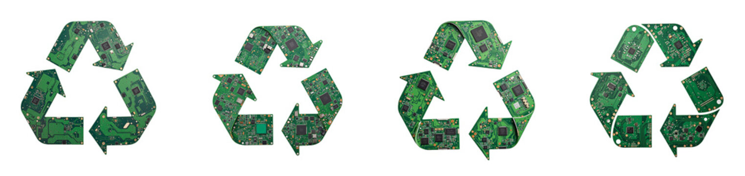 Green circuit boards forming a recycle symbol on white background, cut out collection pack