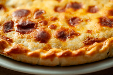 Closeup of a traditional Russian pie with a golden brown crust served on a plate under warm lighting