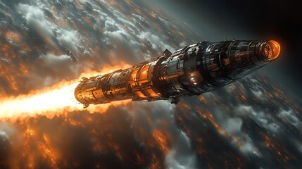 Dynamic view of glowing spacecraft engines