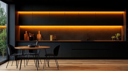 Dark modern kitchen with dining area and orange lights.
