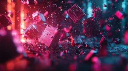 Dark wooden cubes exploding with red and blue neon light.