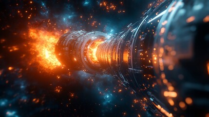 Dynamic view of glowing spacecraft engines