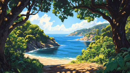 Obraz premium Serene coastal cove framed by lush green trees. Shadow Cove. Illustration