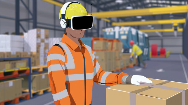 worker in warehouse wearing virtual reality headset, handling box. environment is filled with stacked boxes and industrial equipment, showcasing modern technology in logistics