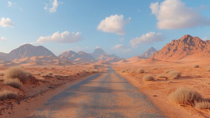 Desert road amidst sand dunes and mountains under a blue sky.