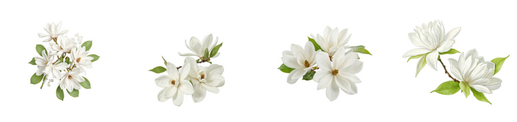 Obraz premium Elegant magnolia branch with silky petals on white backdrop, cut out collection pack
