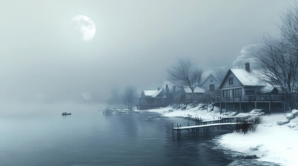 Fototapeta premium Snowy, foggy cove with houses and moon. ideal for illustrating winter, isolation, or mystery themes. Shadow Cove. Illustration