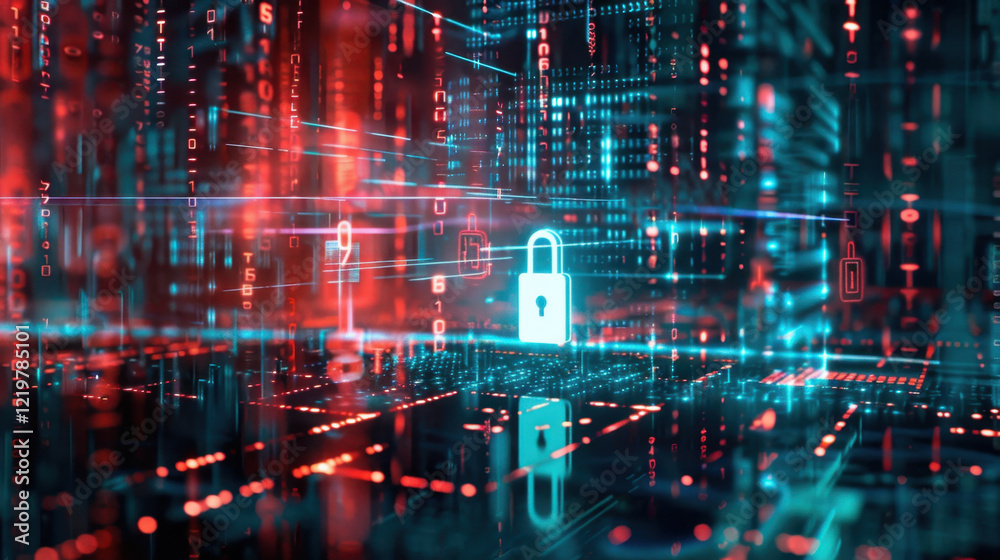 Poster digital lock symbol amidst glowing binary code, representing cybersecurity and data protection. vibr