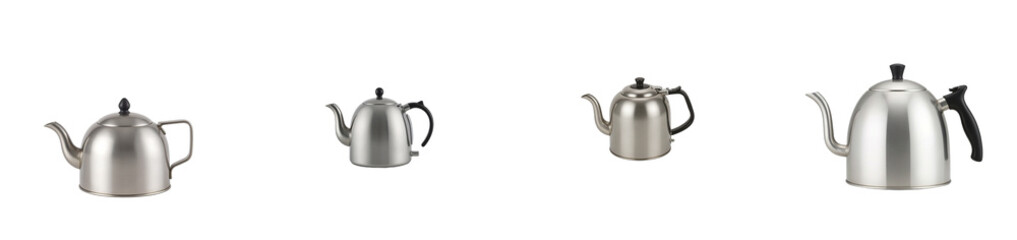 Modern stainless steel tea kettle with black whistle on white background, cut out collection pack