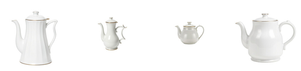Obraz premium Elegant porcelain tea kettle with gold rim on white backdrop, cut out collection pack