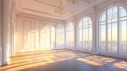Fototapeta premium White interior in classic style on sunset. empty sunny room with moldings on the wall, tulle and wooden floor. mockup of interior illustration. 3d rendering. Shadow Cove. Illustration