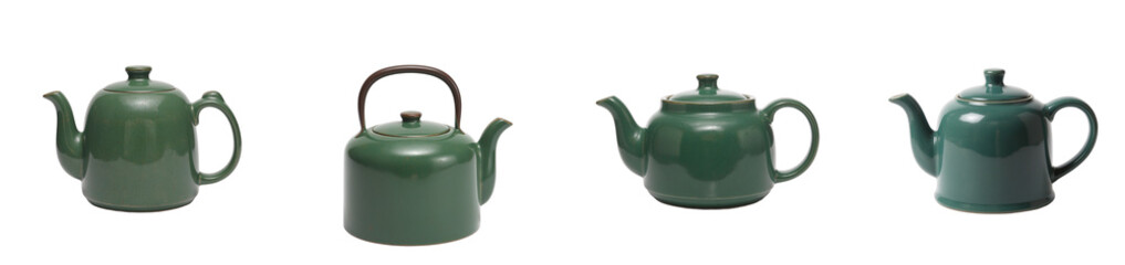 Obraz premium Green ceramic tea kettle with curved spout on white backdrop, cut out collection pack